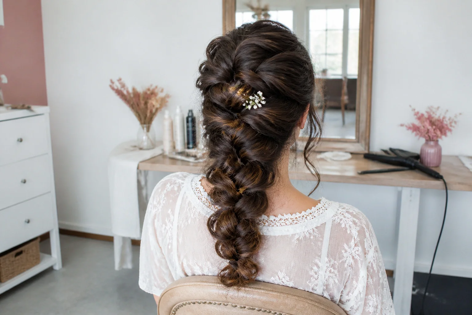 Coiffure de cérémonie vue pendant la préparation — illustration générée par IA