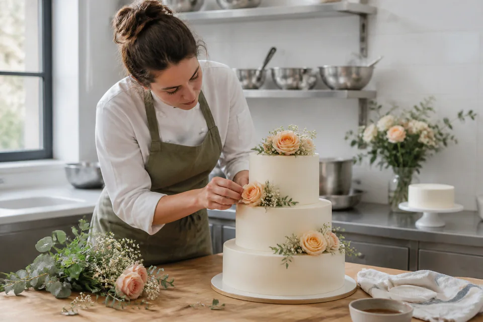 Gâteau de mariage préparé dans un atelier — illustration générée par IA