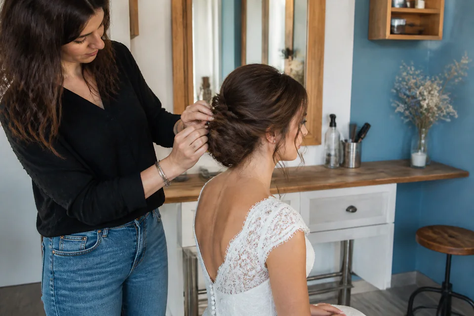 Coiffure de cérémonie vue pendant la préparation — illustration générée par IA