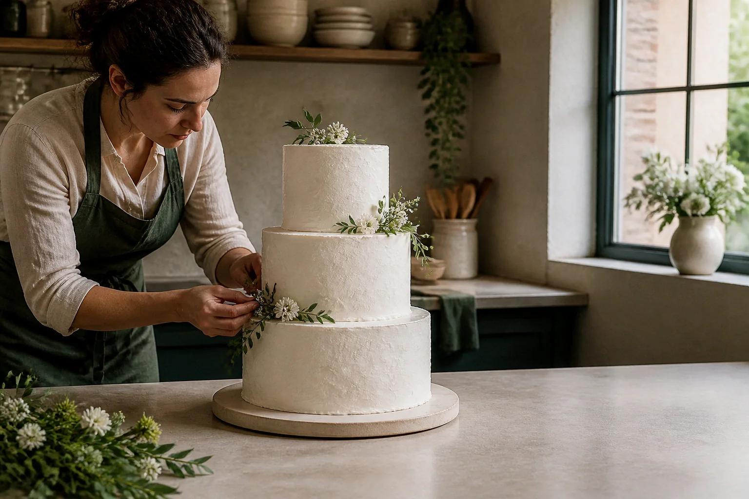 Gâteau de mariage préparé dans un atelier — illustration générée par IA