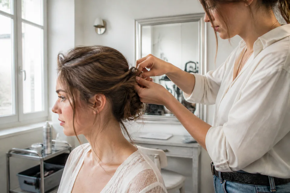Coiffure de cérémonie vue pendant la préparation — illustration générée par IA