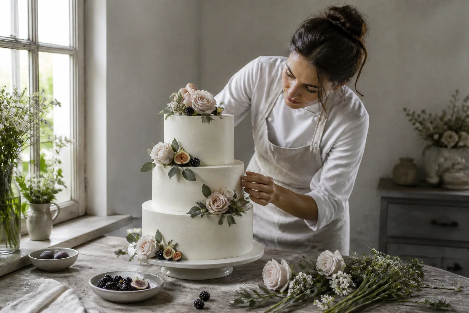 Gâteau de mariage préparé dans un atelier — illustration générée par IA