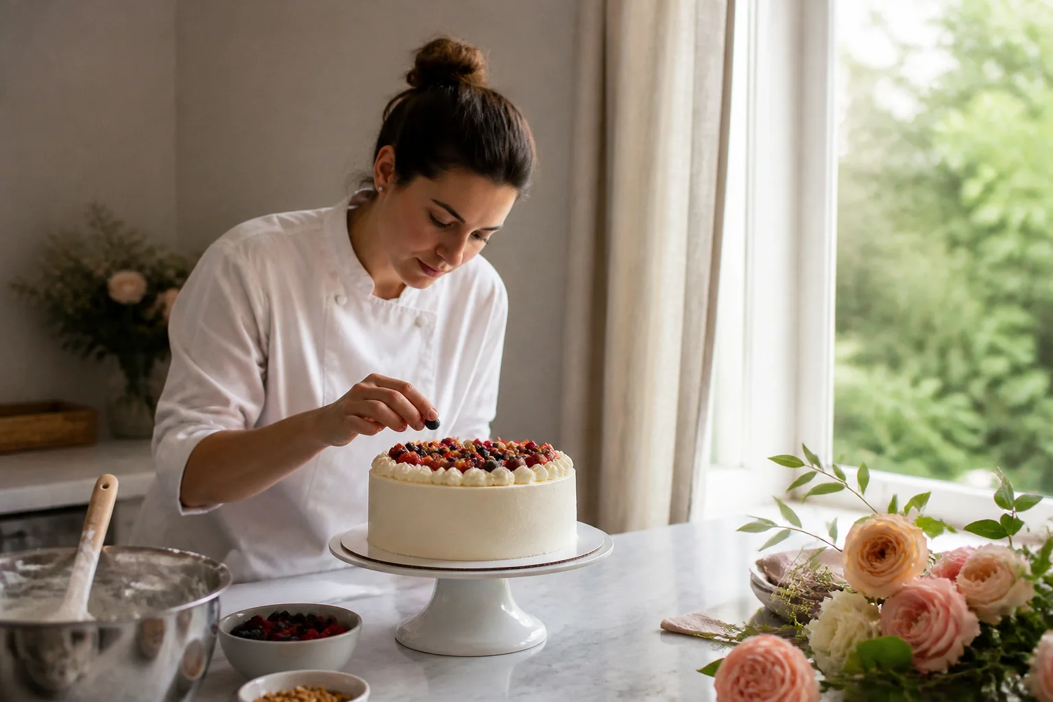 Gâteau de mariage préparé dans un atelier — illustration générée par IA
