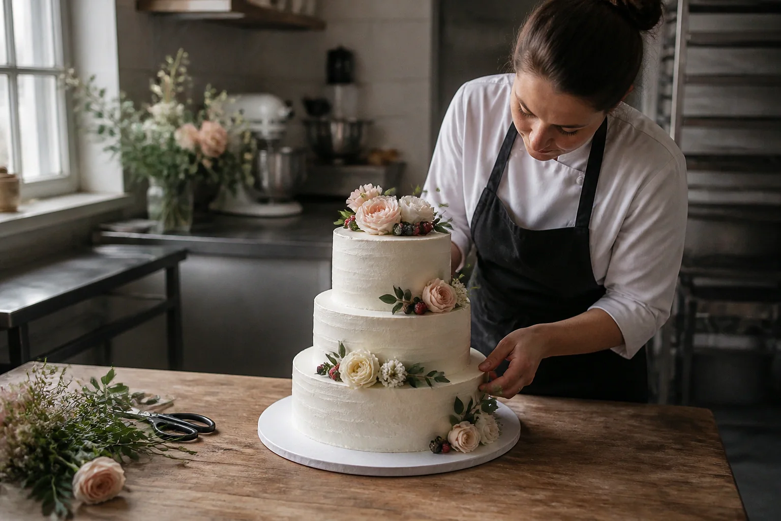 Gâteau de mariage préparé dans un atelier — illustration générée par IA