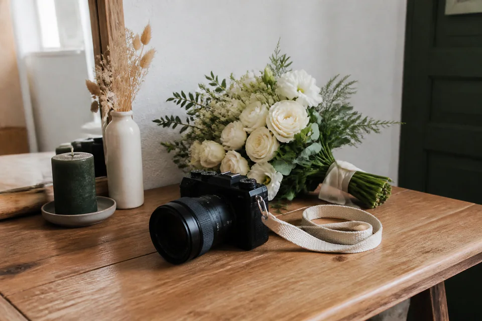 Appareil photo et accessoires de reportage de mariage — illustration générée par IA