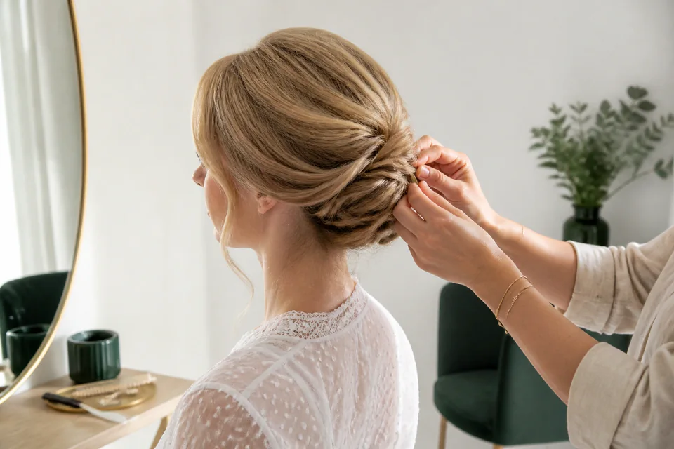 Coiffure de cérémonie vue pendant la préparation — illustration générée par IA
