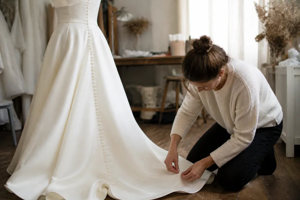 Robe de mariée dans un atelier de confection — illustration générée par IA