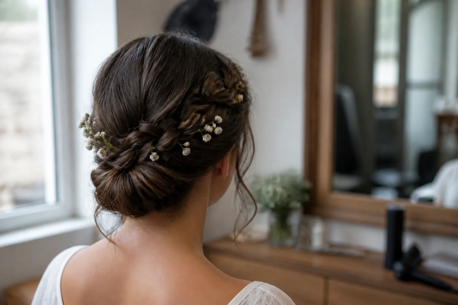Coiffure de cérémonie vue pendant la préparation — illustration générée par IA