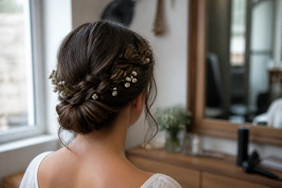 Coiffure de cérémonie vue pendant la préparation — illustration générée par IA
