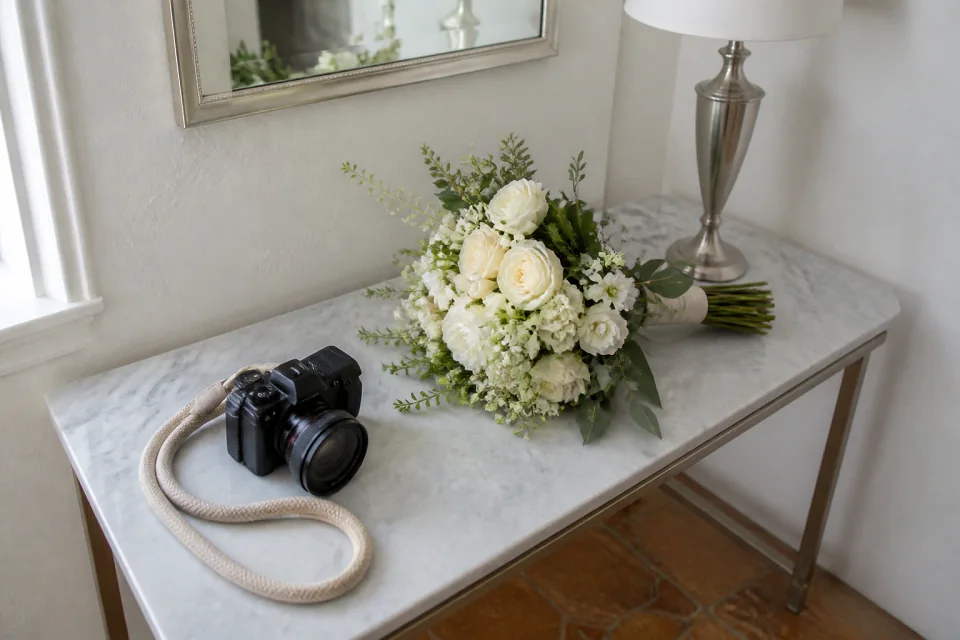 Appareil photo et accessoires de reportage de mariage — illustration générée par IA