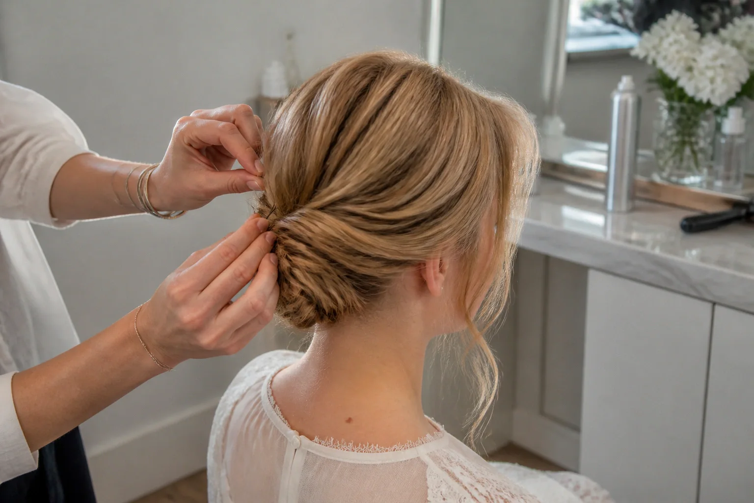 Coiffure de cérémonie vue pendant la préparation — illustration générée par IA
