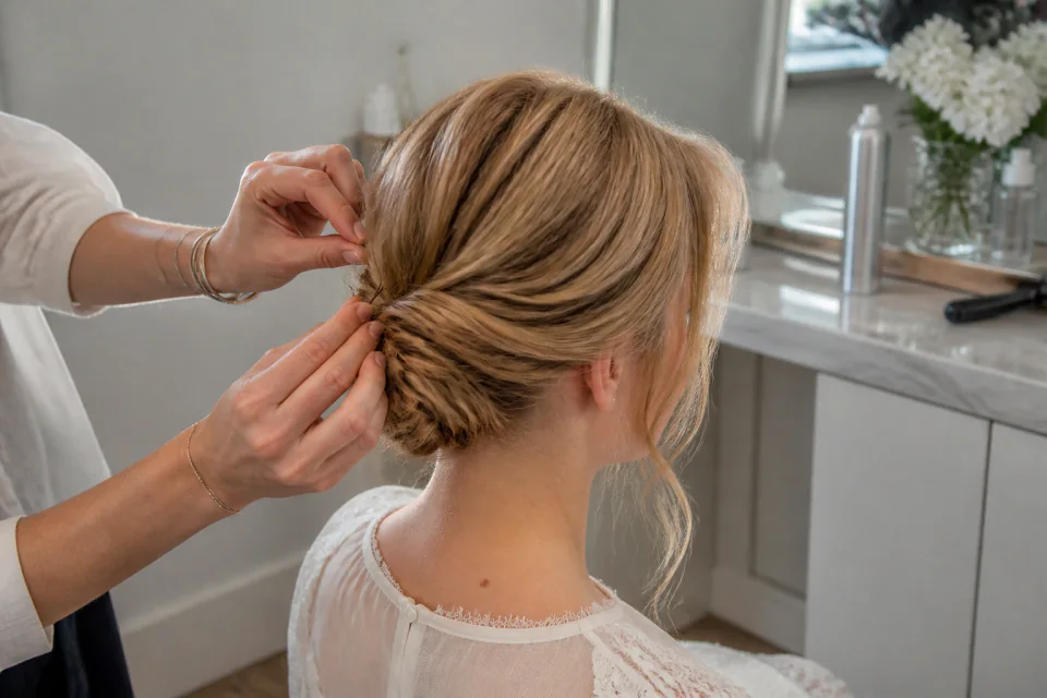 Coiffure de cérémonie vue pendant la préparation — illustration générée par IA