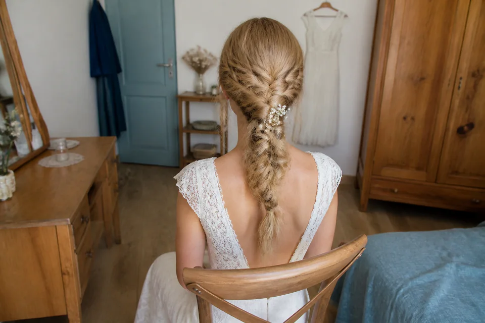 Coiffure de cérémonie vue pendant la préparation — illustration générée par IA