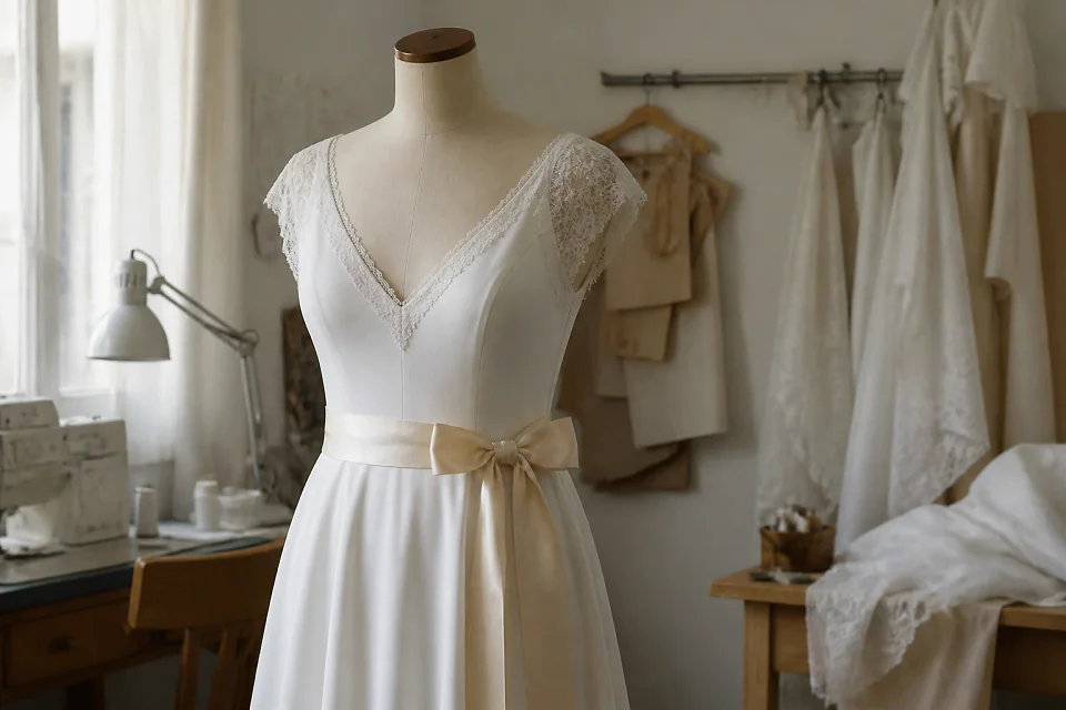 Robe de mariée dans un atelier de confection — illustration générée par IA