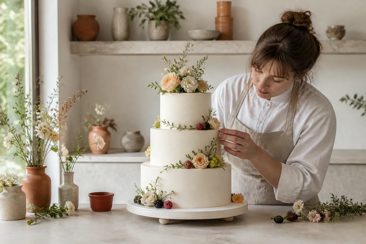 Gâteau de mariage préparé dans un atelier — illustration générée par IA
