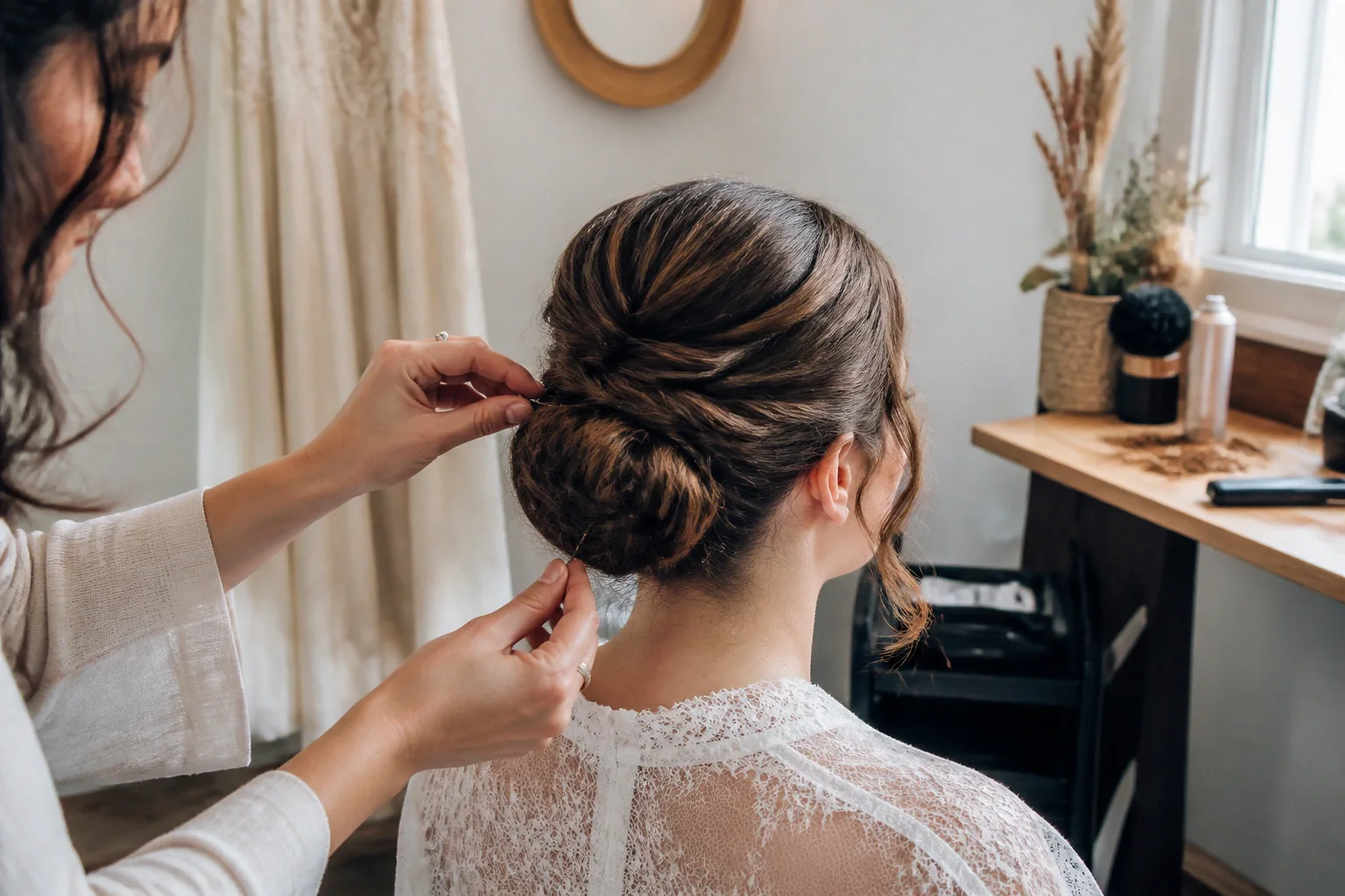 Coiffure de cérémonie vue pendant la préparation — illustration générée par IA
