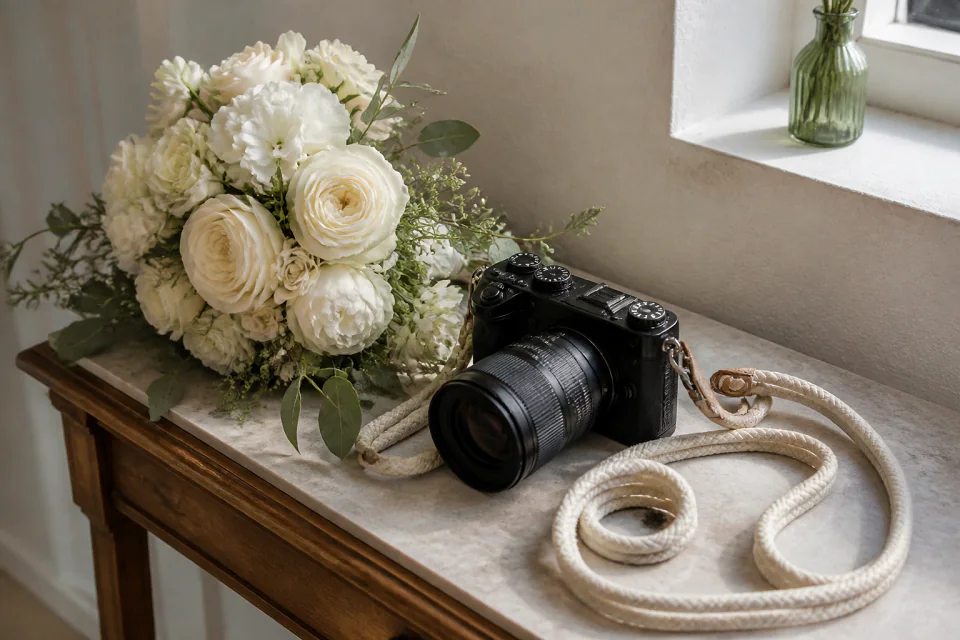 Appareil photo et accessoires de reportage de mariage — illustration générée par IA