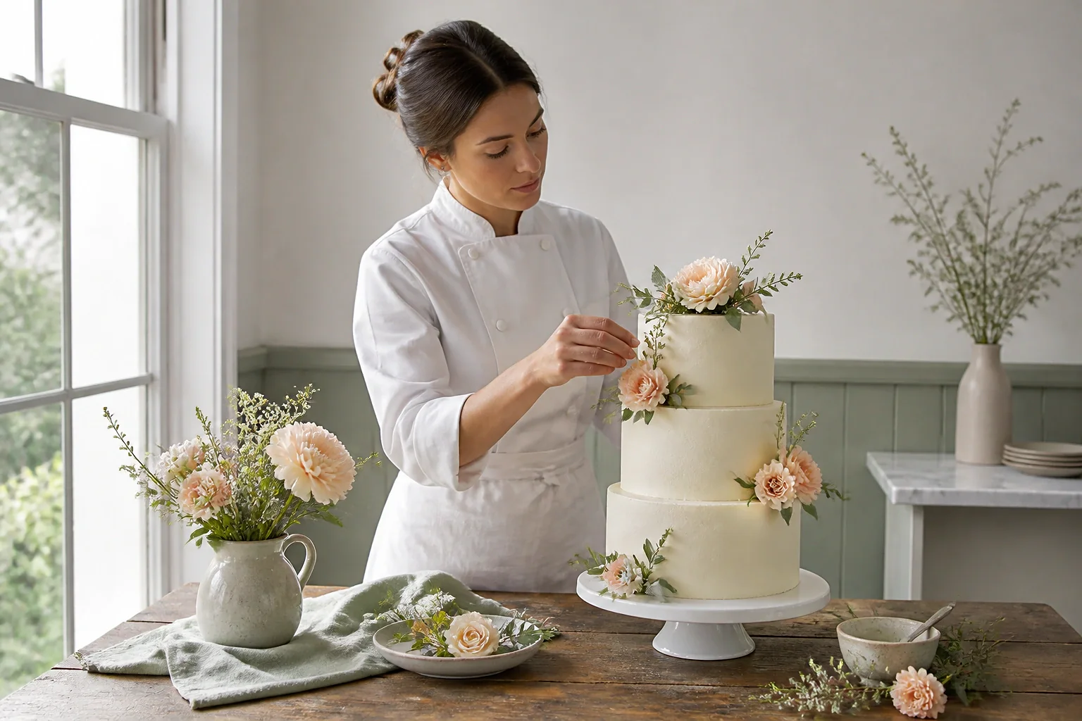 Gâteau de mariage préparé dans un atelier — illustration générée par IA