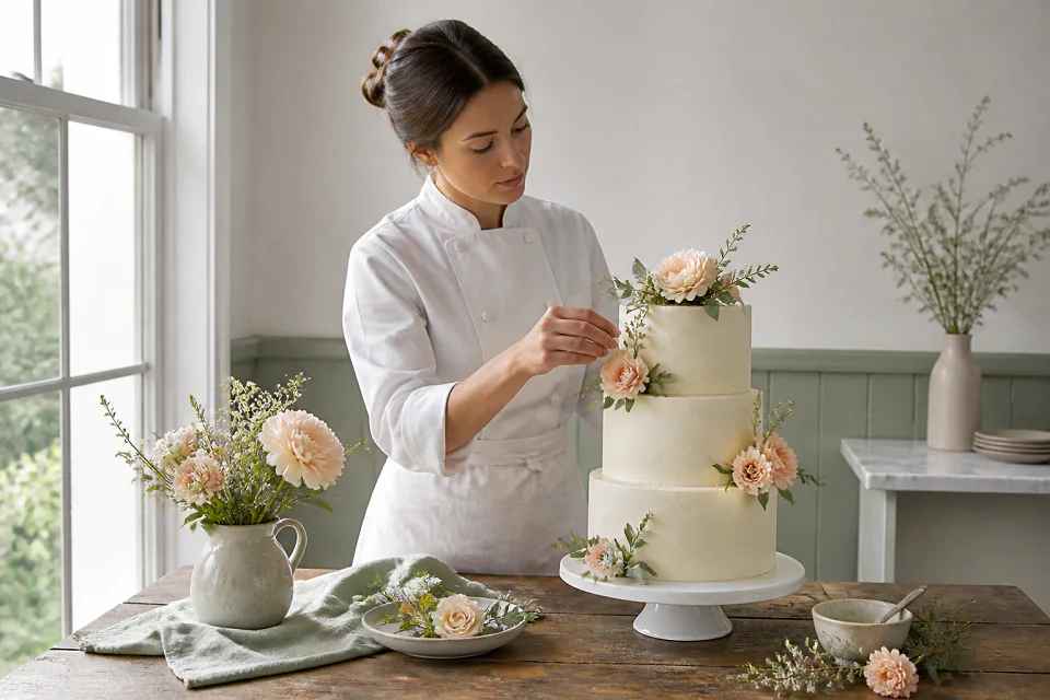 Gâteau de mariage préparé dans un atelier — illustration générée par IA