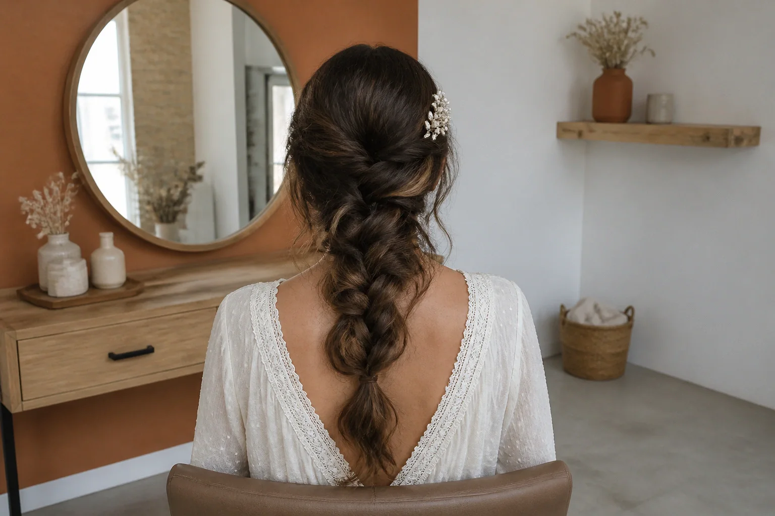 Coiffure de cérémonie vue pendant la préparation — illustration générée par IA