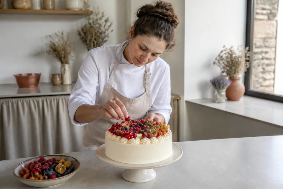 Gâteau de mariage préparé dans un atelier — illustration générée par IA