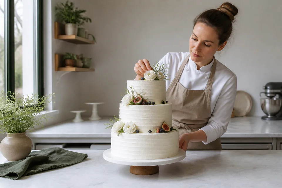 Gâteau de mariage préparé dans un atelier — illustration générée par IA