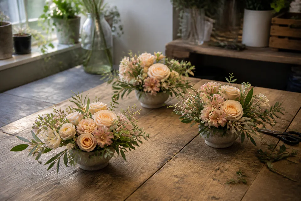 Préparation florale pour un mariage — illustration générée par IA