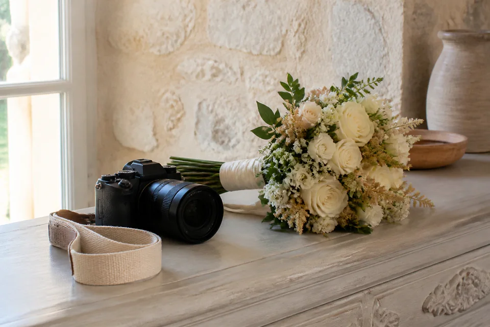 Appareil photo et accessoires de reportage de mariage — illustration générée par IA