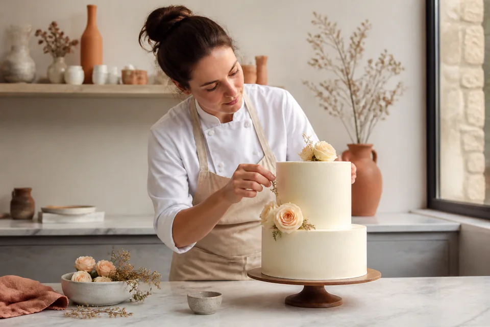 Gâteau de mariage préparé dans un atelier — illustration générée par IA