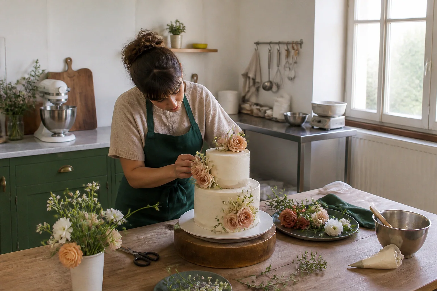 Gâteau de mariage préparé dans un atelier — illustration générée par IA