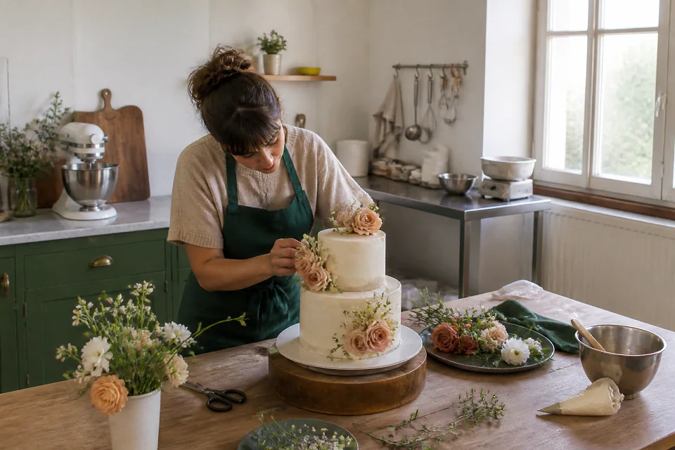 Gâteau de mariage préparé dans un atelier — illustration générée par IA