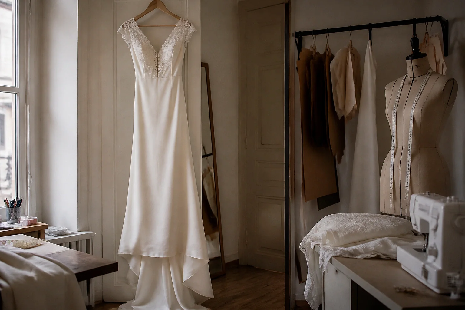 Robe de mariée dans un atelier de confection — illustration générée par IA