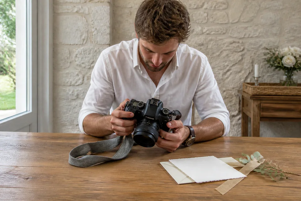 Appareil photo et accessoires de reportage de mariage — illustration générée par IA