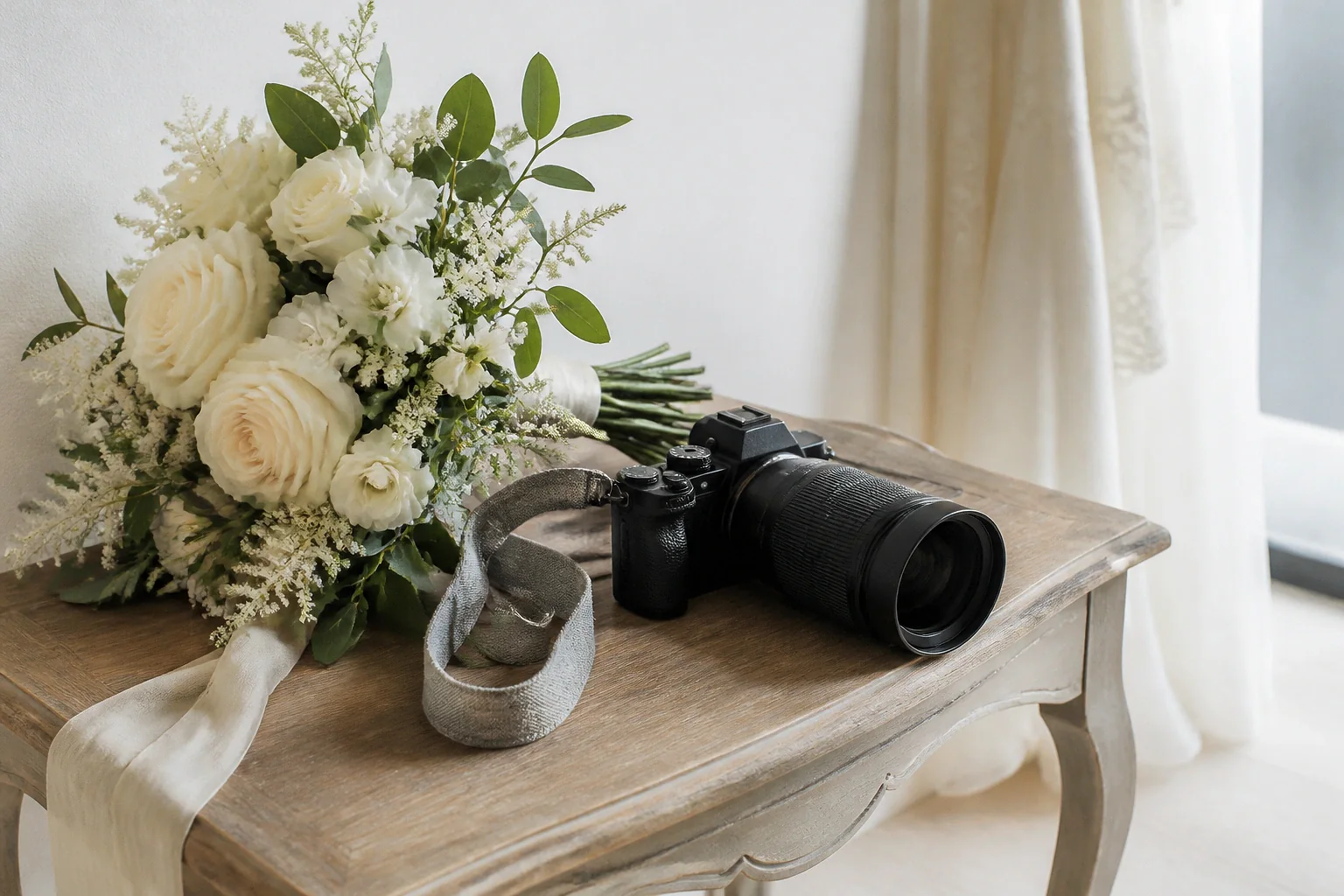 Appareil photo et accessoires de reportage de mariage — illustration générée par IA