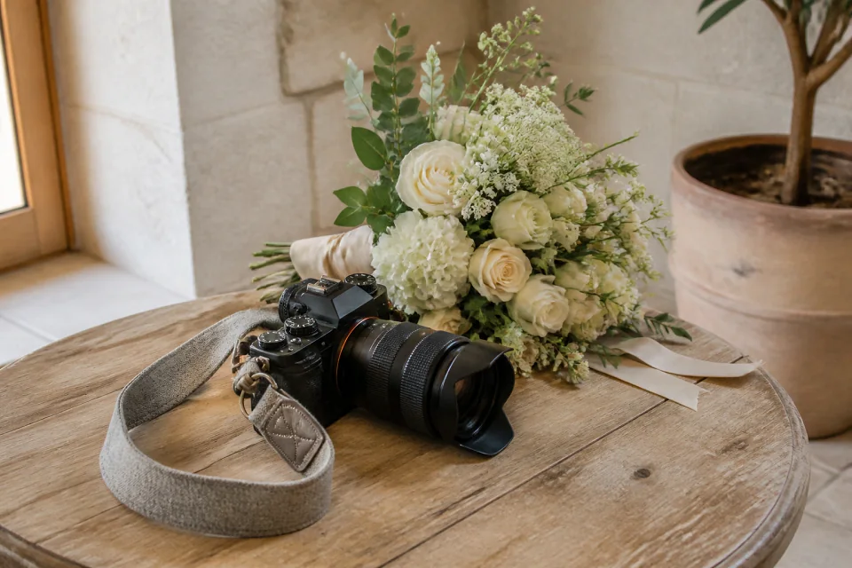 Appareil photo et accessoires de reportage de mariage — illustration générée par IA