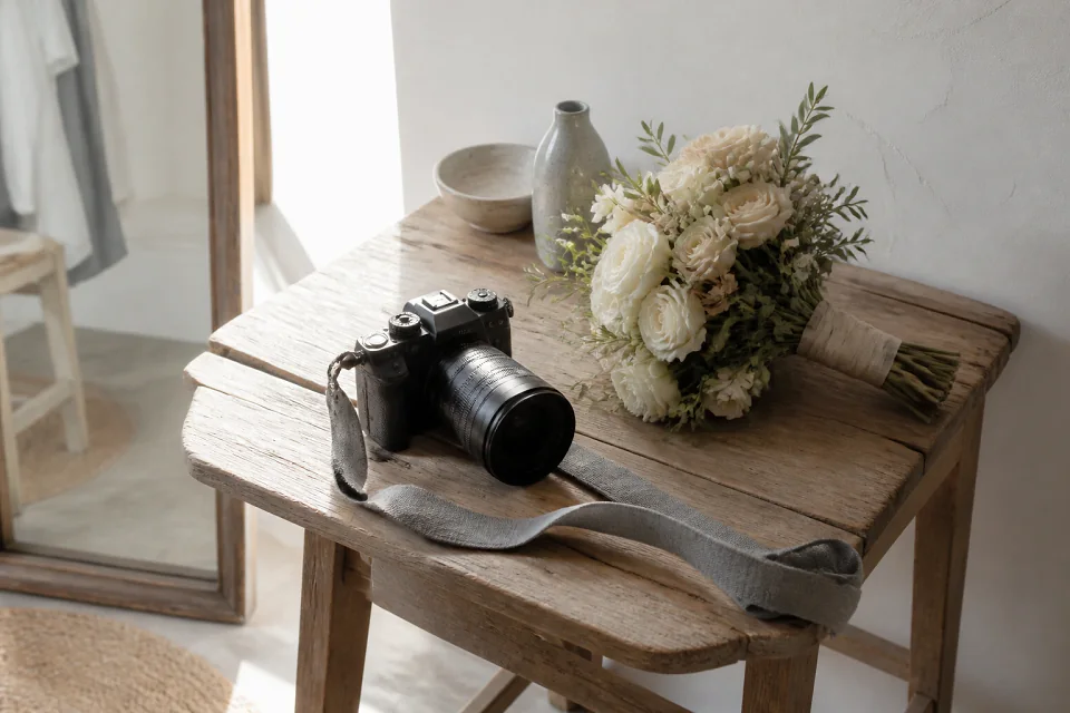 Appareil photo et accessoires de reportage de mariage — illustration générée par IA