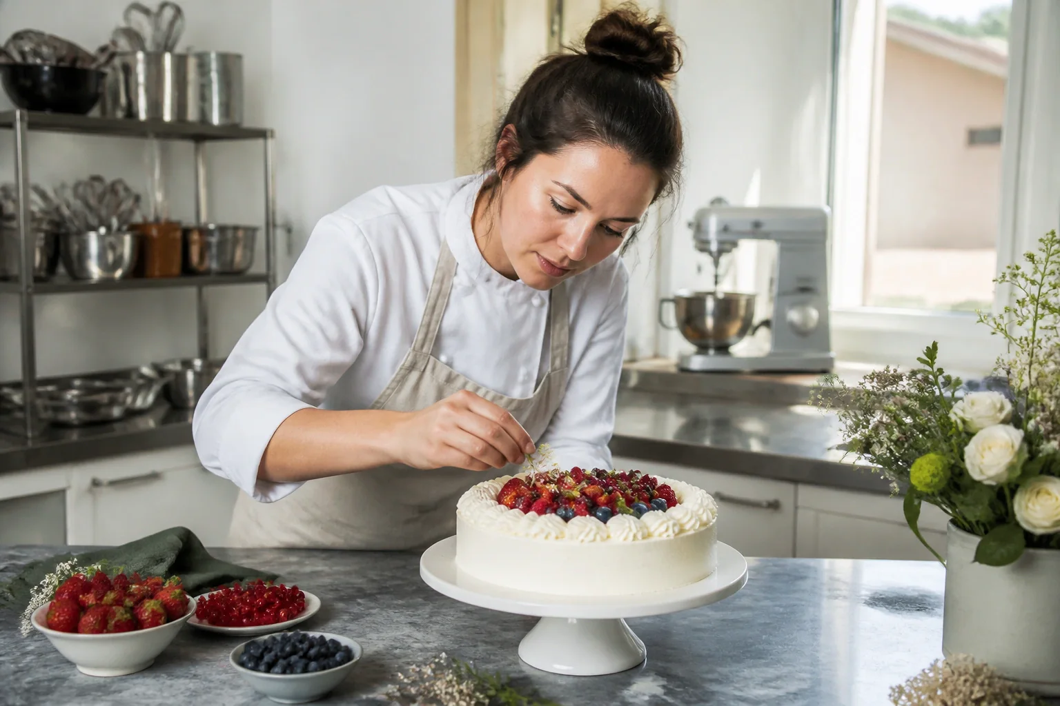 Gâteau de mariage préparé dans un atelier — illustration générée par IA