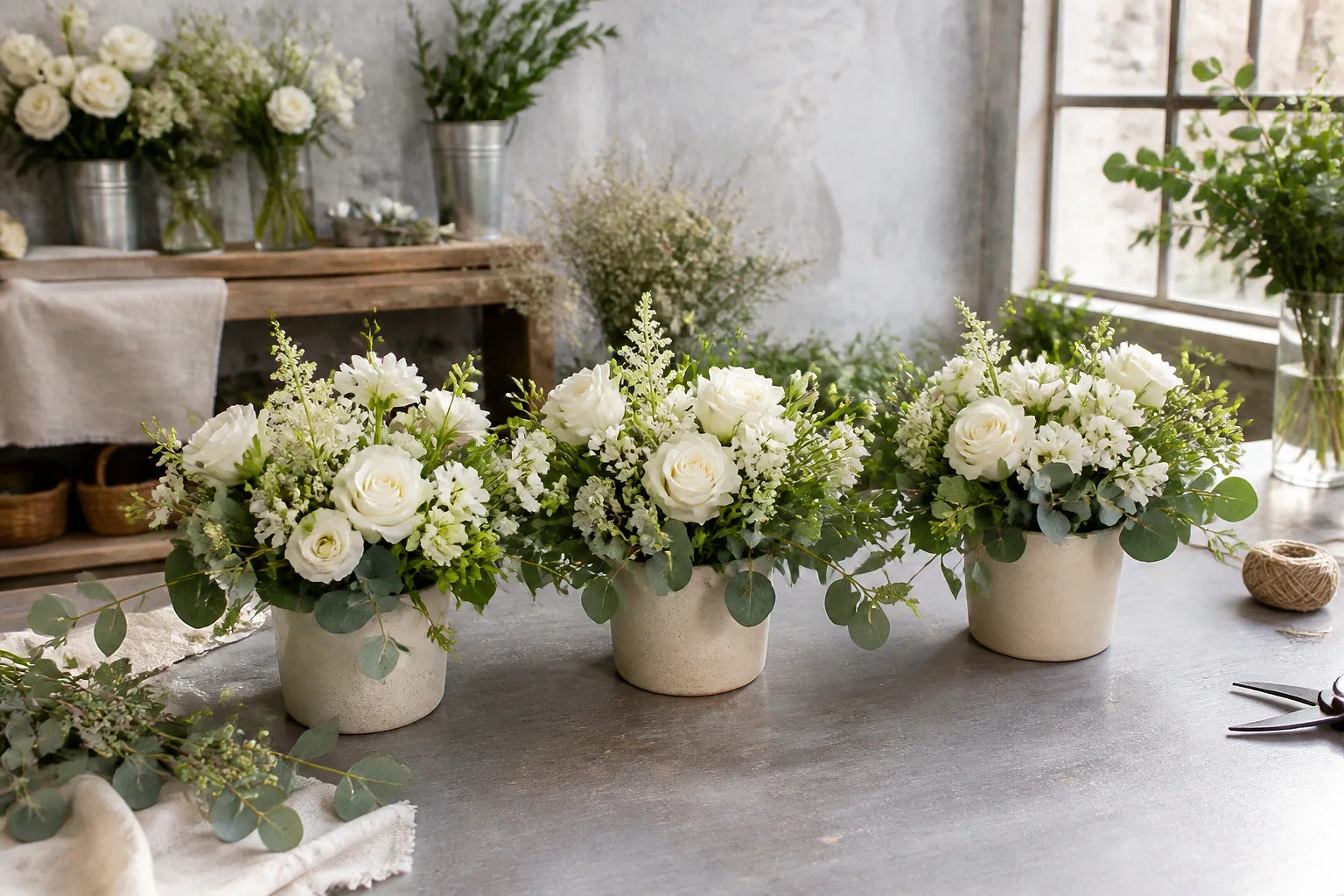 Préparation florale pour un mariage — illustration générée par IA