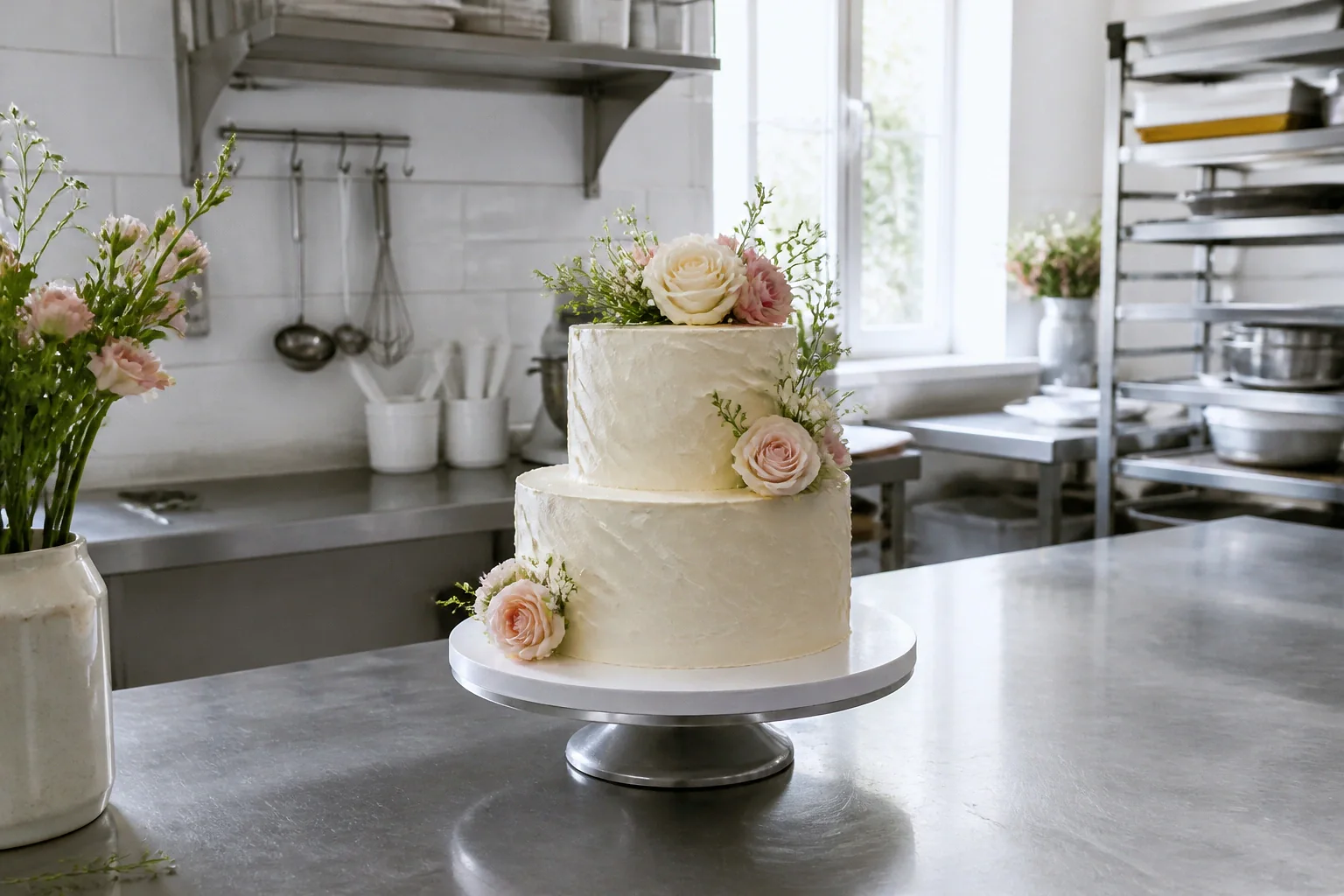 Gâteau de mariage préparé dans un atelier — illustration générée par IA