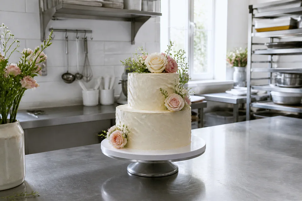Gâteau de mariage préparé dans un atelier — illustration générée par IA