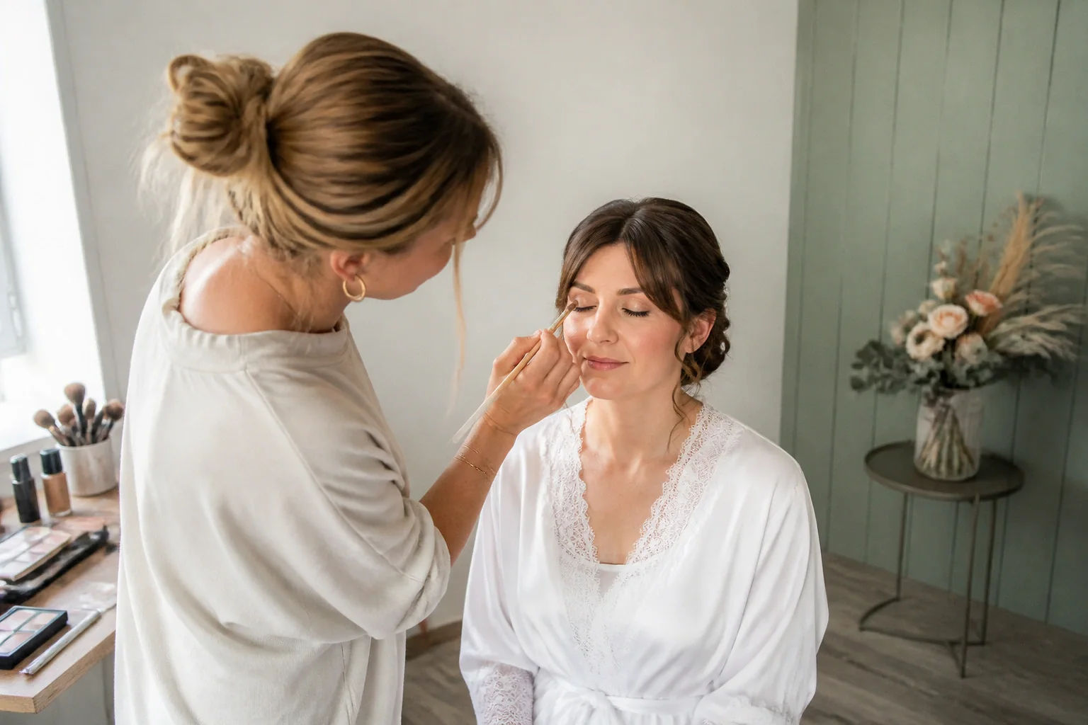 Préparation d’un maquillage de mariage — illustration générée par IA