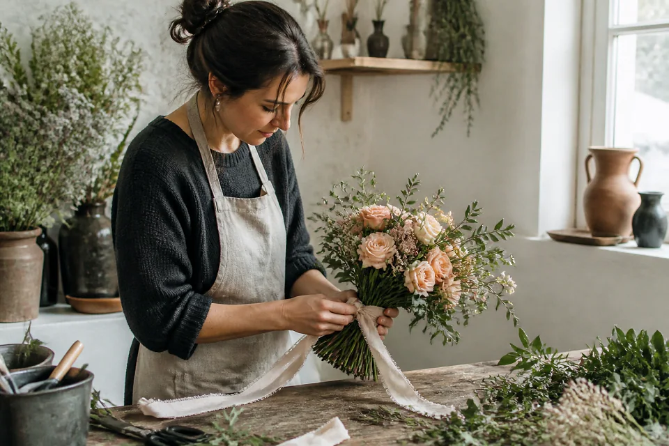 Préparation florale pour un mariage — illustration générée par IA