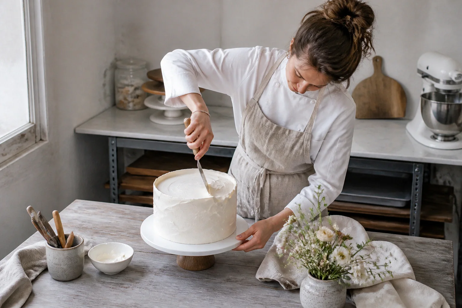 Gâteau de mariage préparé dans un atelier — illustration générée par IA