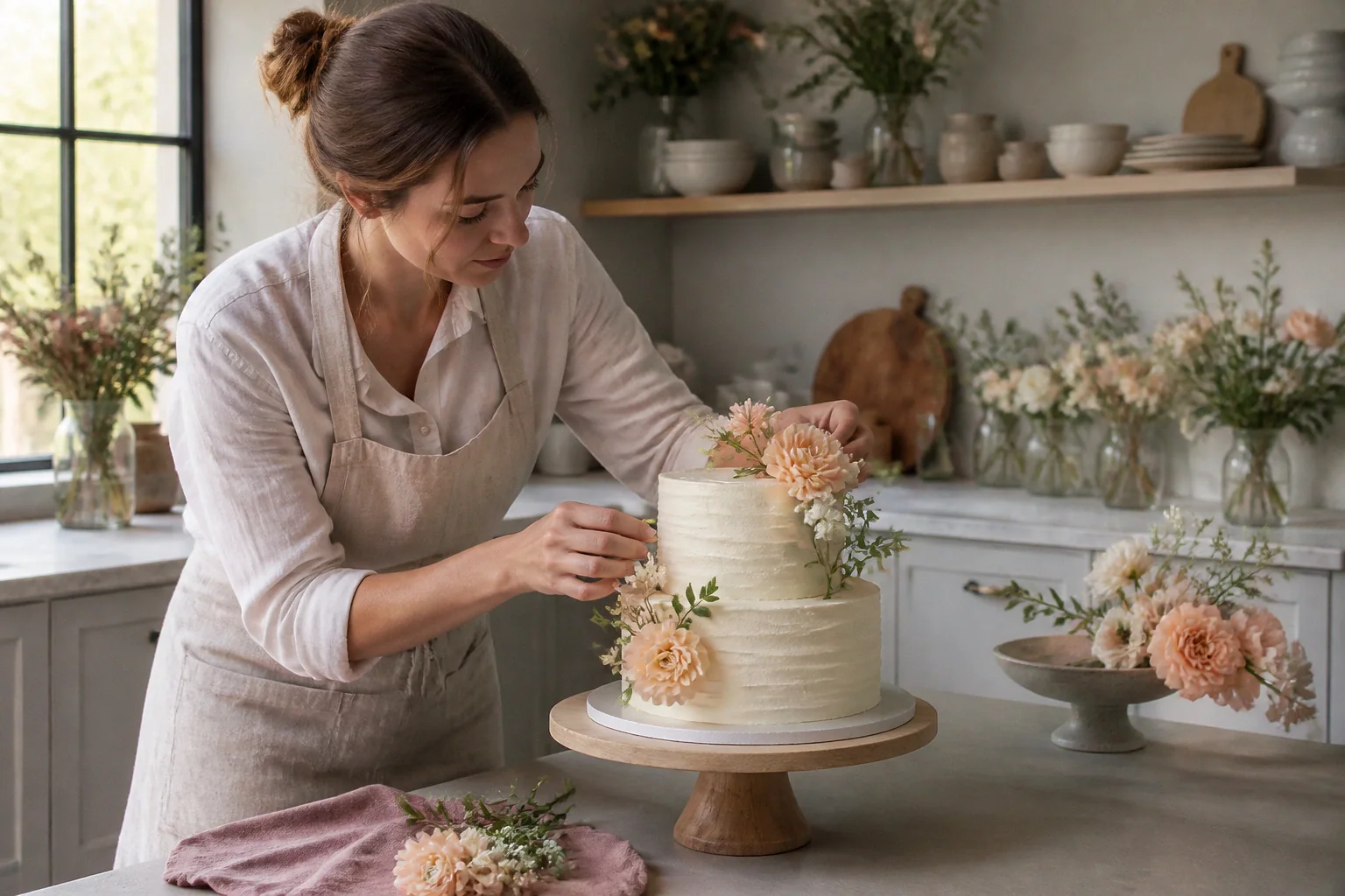 Gâteau de mariage préparé dans un atelier — illustration générée par IA