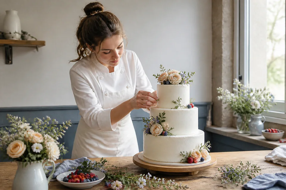 Gâteau de mariage préparé dans un atelier — illustration générée par IA