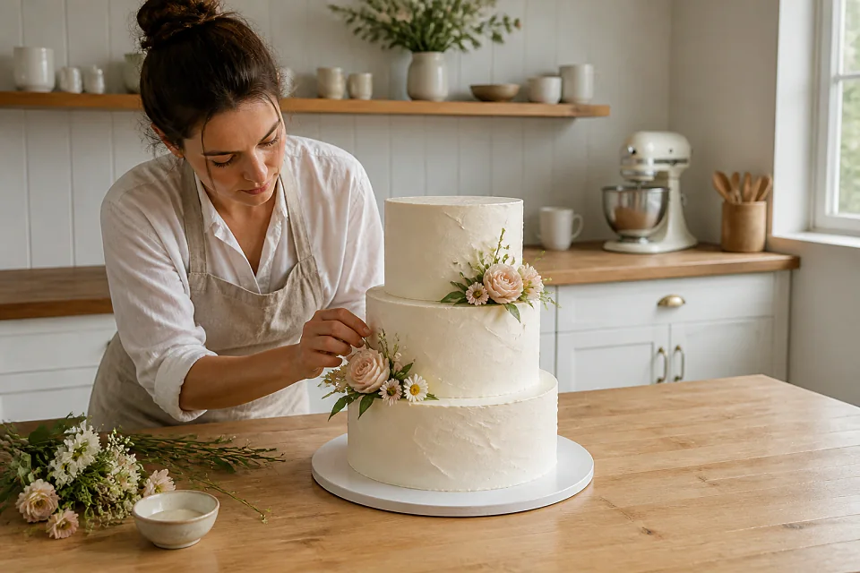 Gâteau de mariage préparé dans un atelier — illustration générée par IA