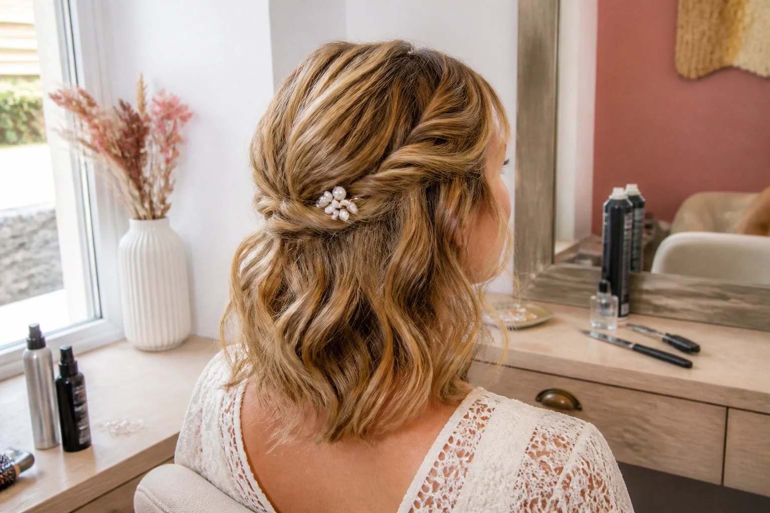 Coiffure de cérémonie vue pendant la préparation — illustration générée par IA