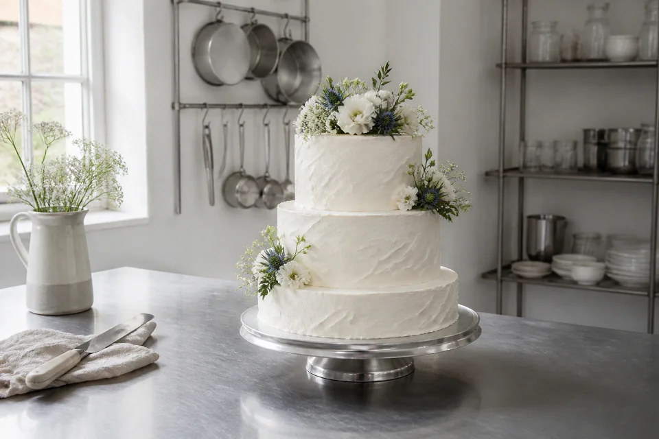 Gâteau de mariage préparé dans un atelier — illustration générée par IA