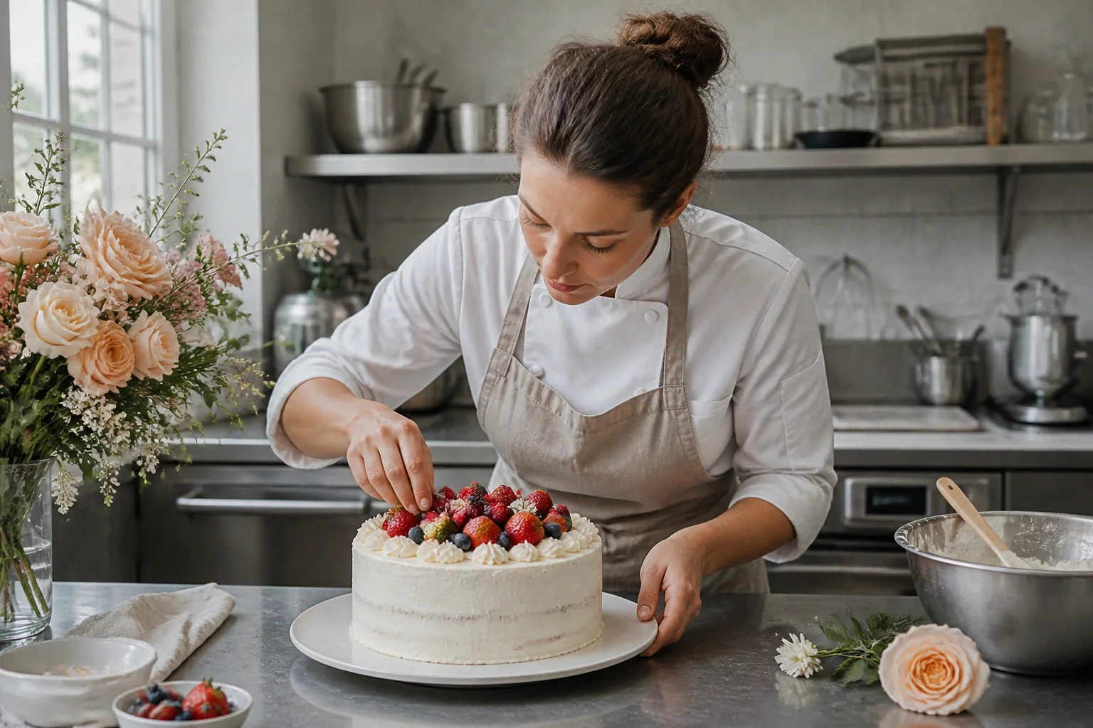 Gâteau de mariage préparé dans un atelier — illustration générée par IA