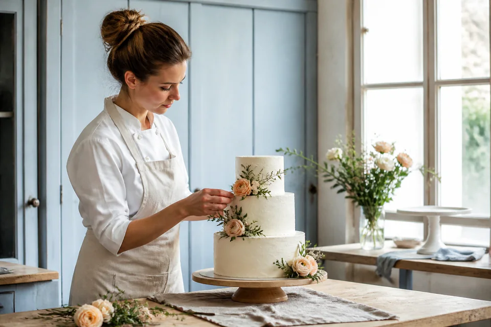 Gâteau de mariage préparé dans un atelier — illustration générée par IA